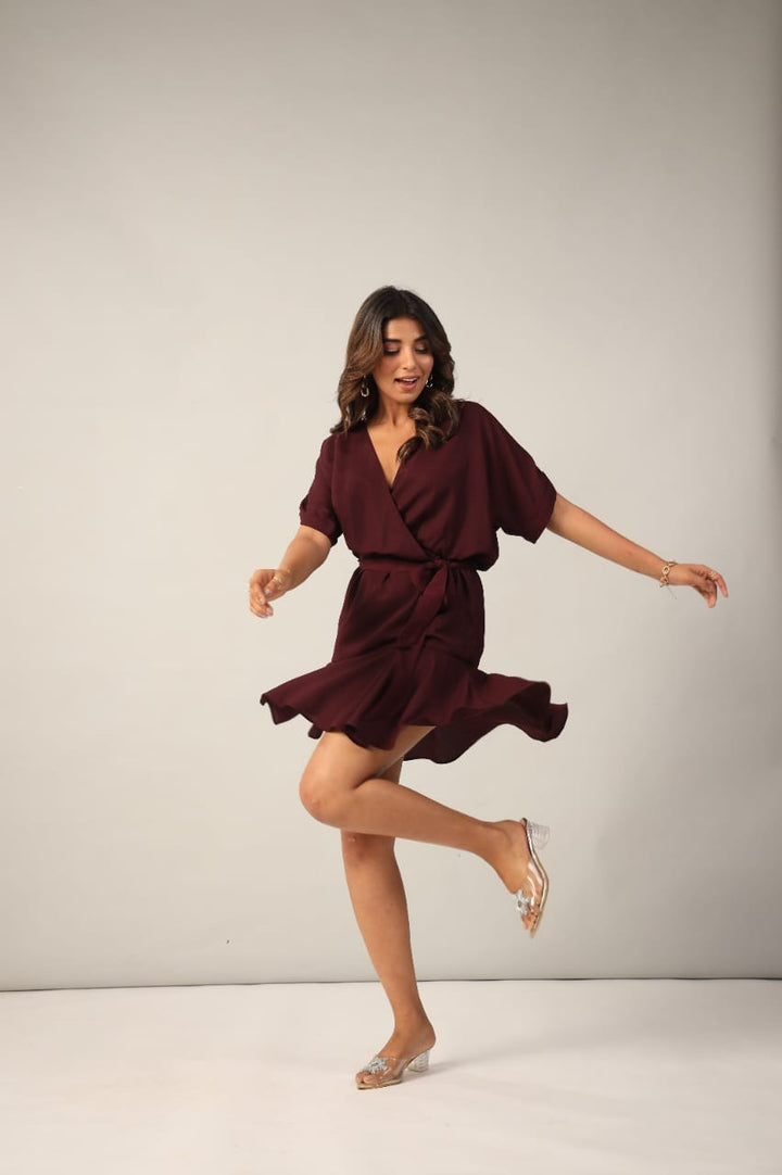 Wine V Neck Cinched Waist Mini Dress