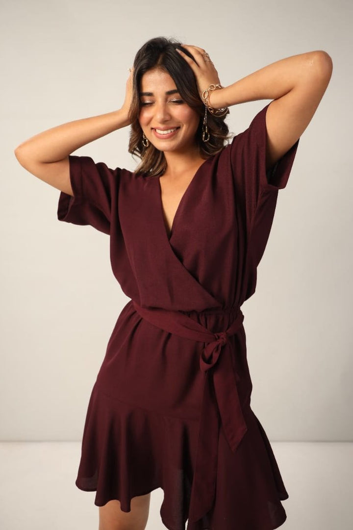 Wine V Neck Cinched Waist Mini Dress