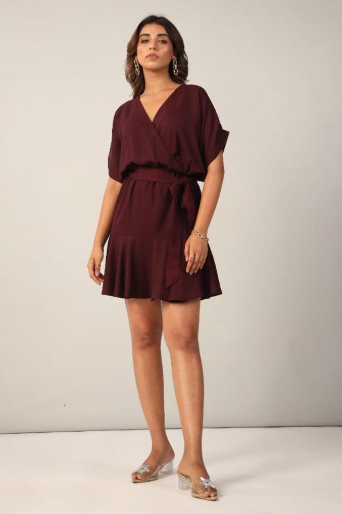 Wine V Neck Cinched Waist Mini Dress Full Front