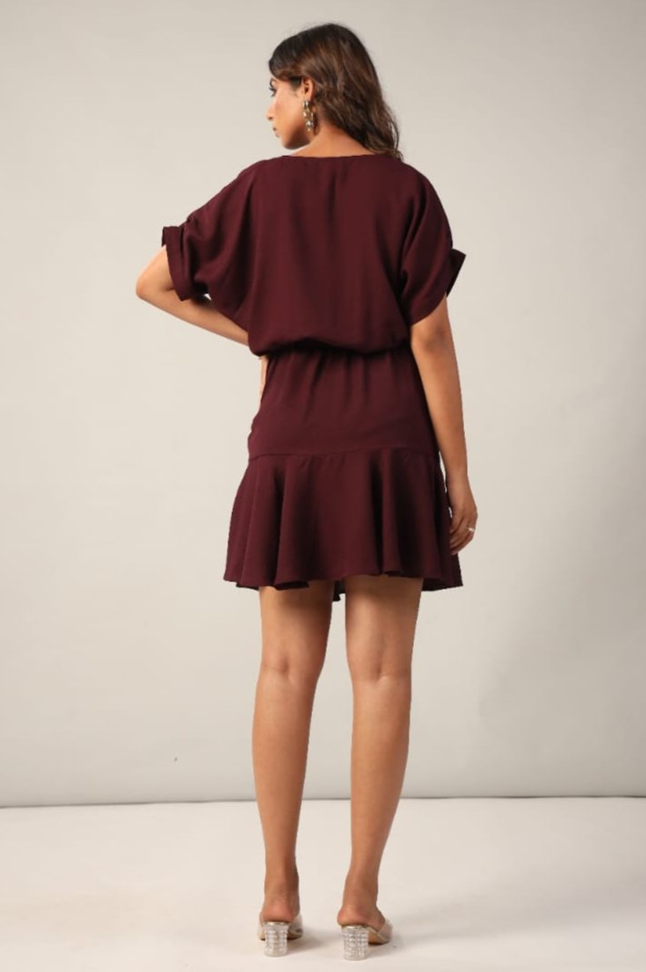 Wine V Neck Cinched Waist Mini Dress