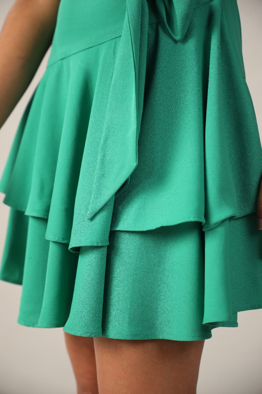 Emerald Green Wrap Ruffle Mini Dress Flare