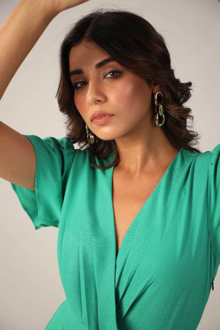 Emerald Green Wrap Ruffle Mini Dress Neck Detailing