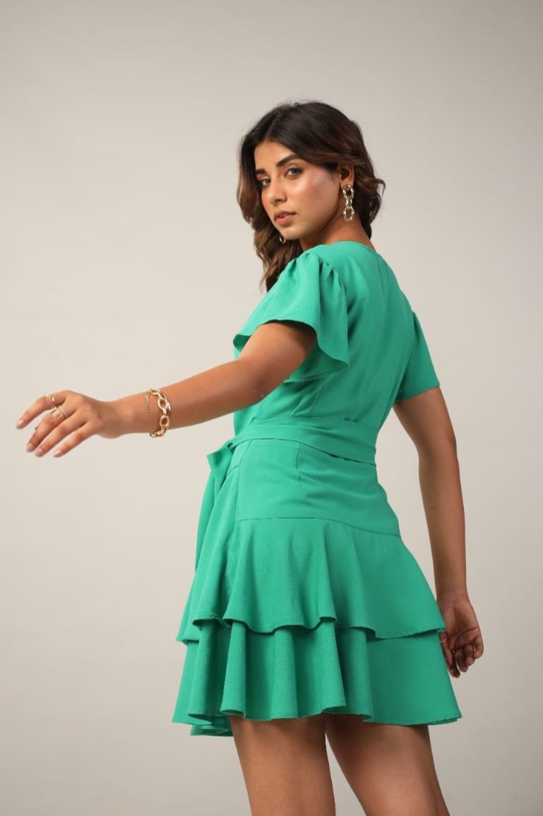 Emerald Green Wrap Ruffle Mini Dress Back Flare