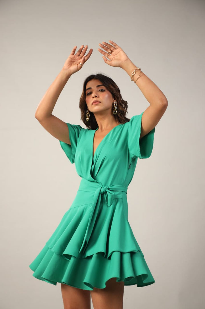 Emerald Green Wrap Ruffle Mini Dress FrontFlare