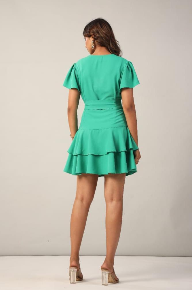 Emerald Green Wrap Ruffle Mini Dress Back