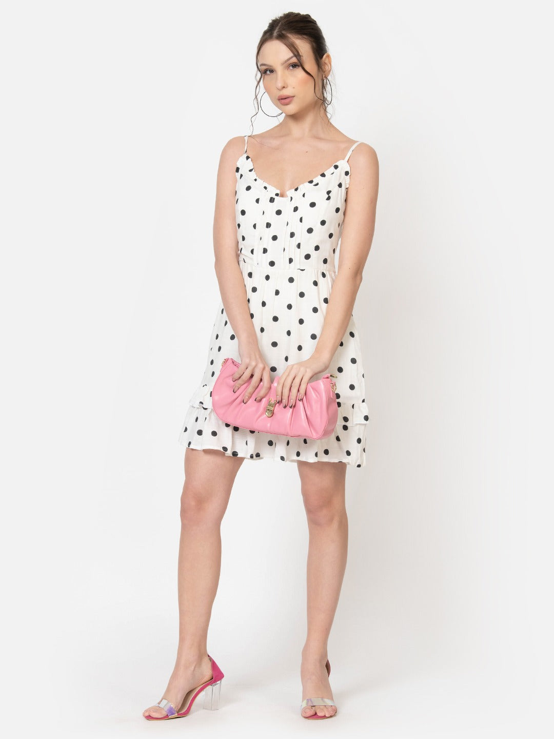White Rayon Polka Dot Mini Dress Front