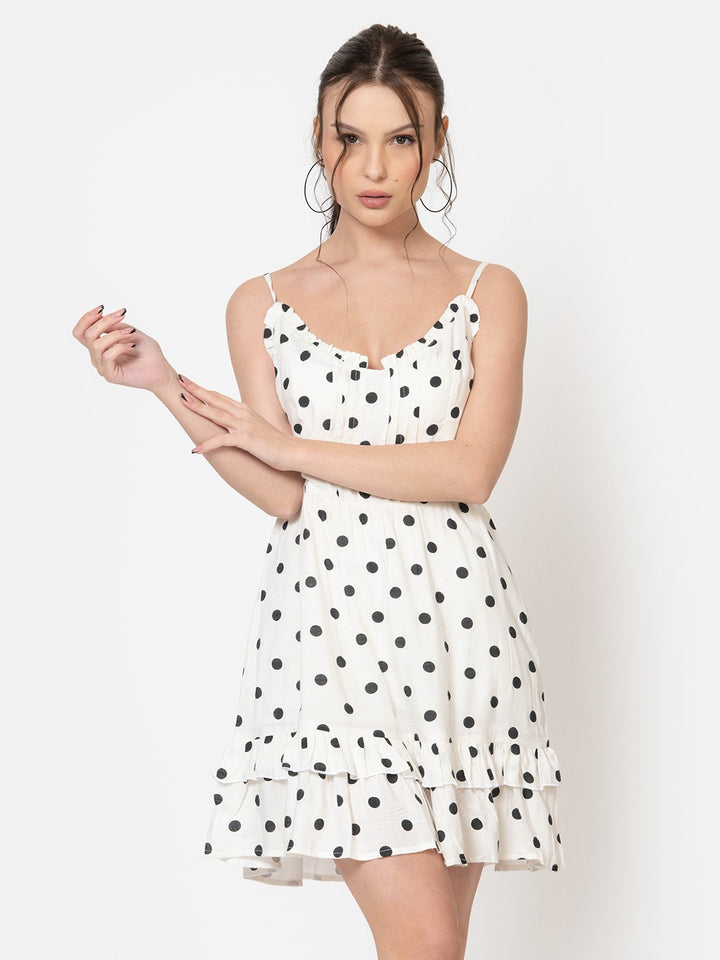 WHITE RAYON POLKA DOT MINI DRESS