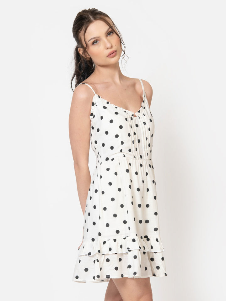 WHITE RAYON POLKA DOT MINI DRESS