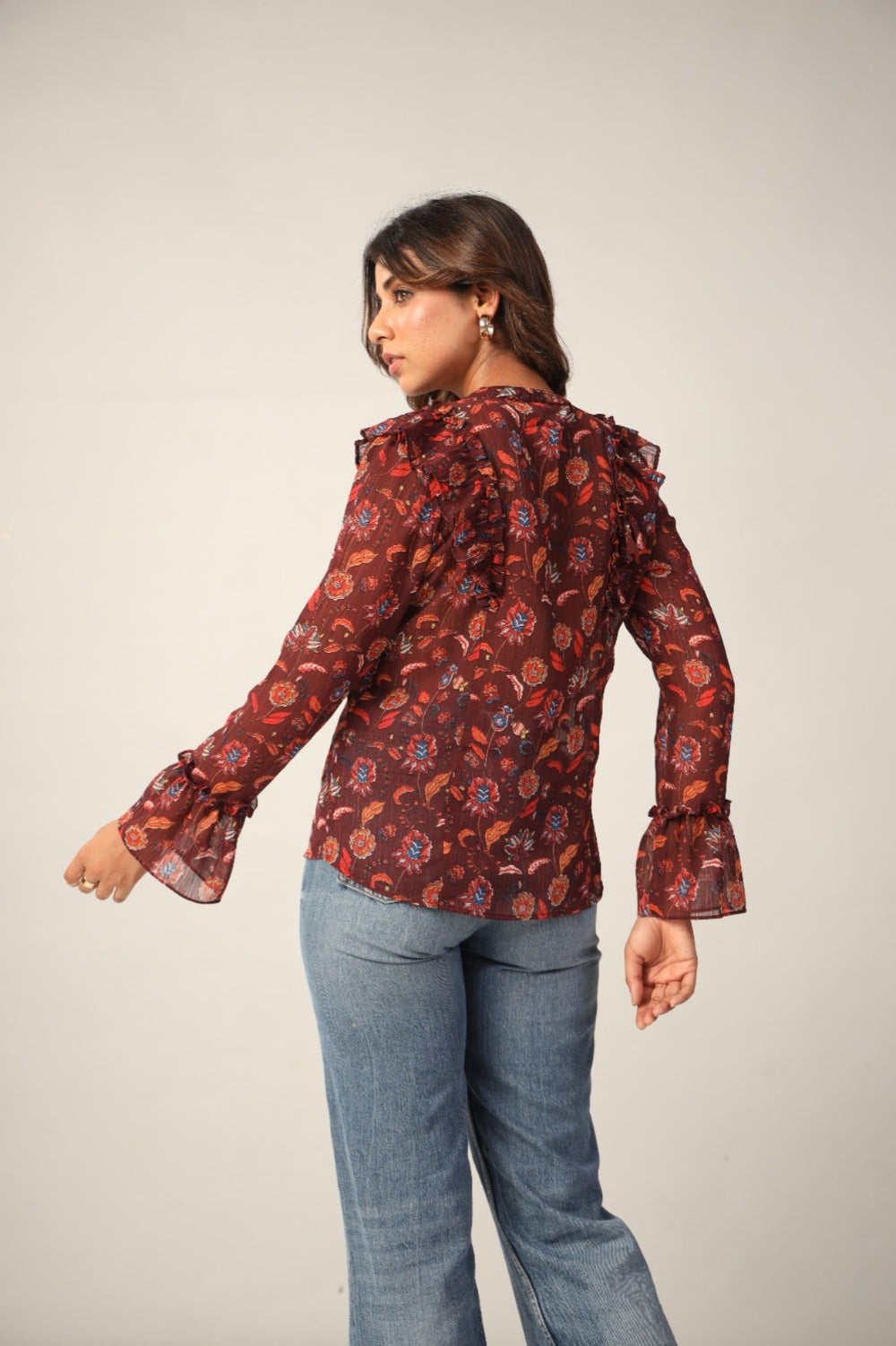 Brown Floral Button Down Collar Full Sleeves Shirt Back