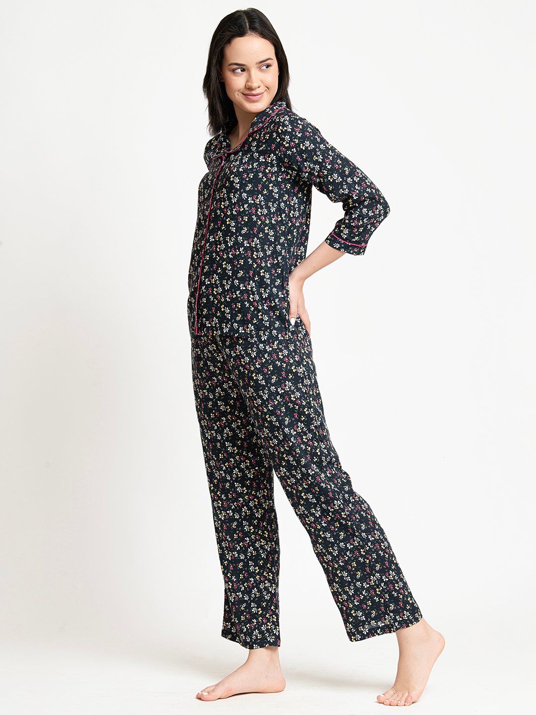 Black Floral Printed Night Suit Side1