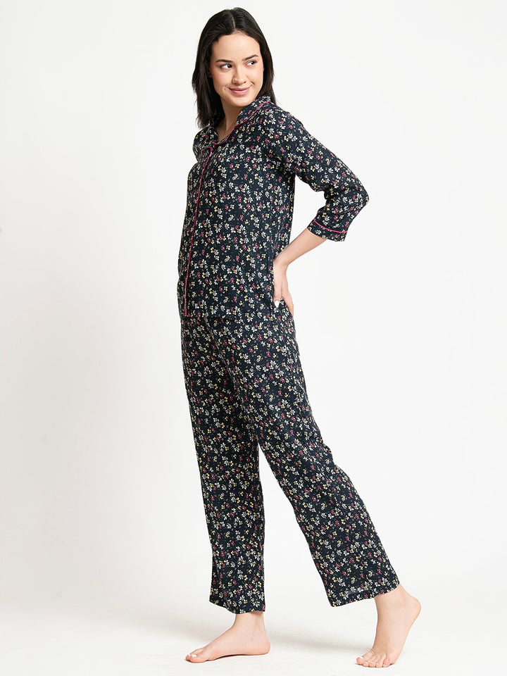 Black Floral Printed Night Suit Side1