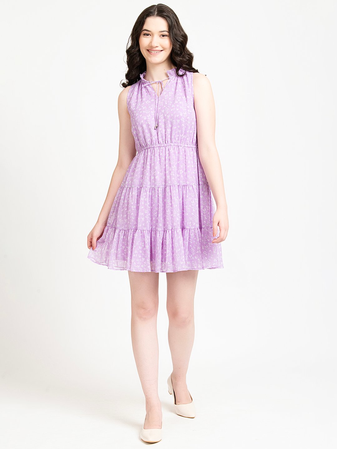 Lavender Floral Print Ruffled Collar Mini Dress Full Front