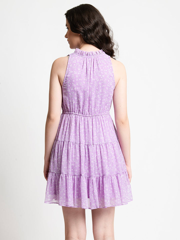 Lavender Floral Print Ruffled Collar Mini Dress Back