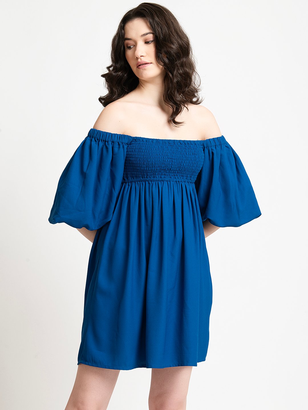 Blue off shoulder Mini Dress Side1