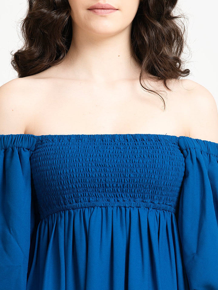 Blue off shoulder Mini Dress Neck Detailing