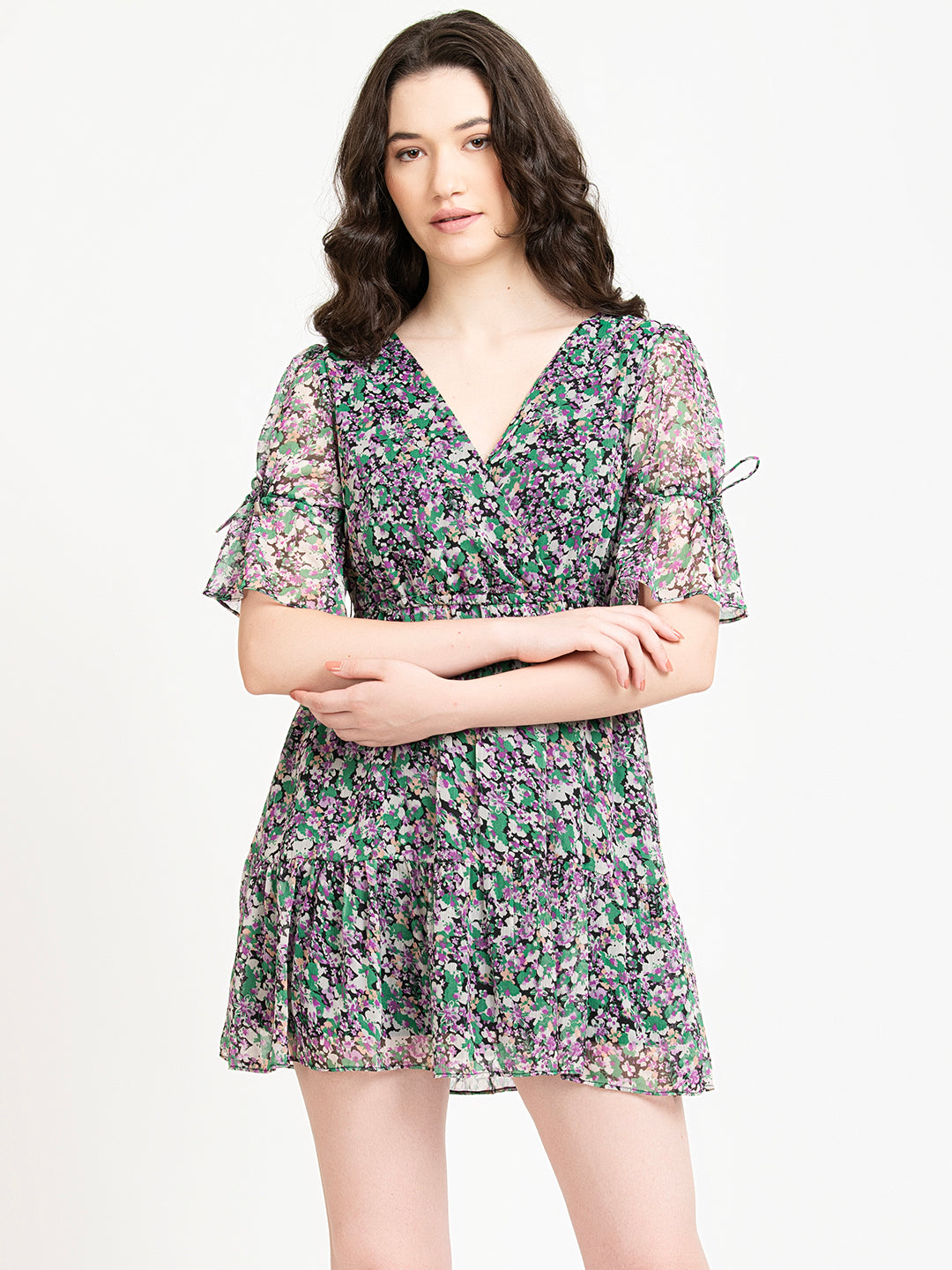 Black and Green Ditsy Floral V Neck Mini Dress Front