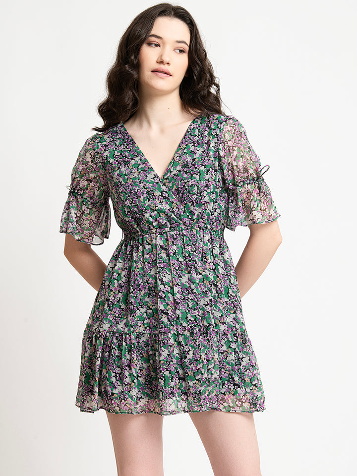 Black and Green Ditsy Floral V Neck Mini Dress Front1