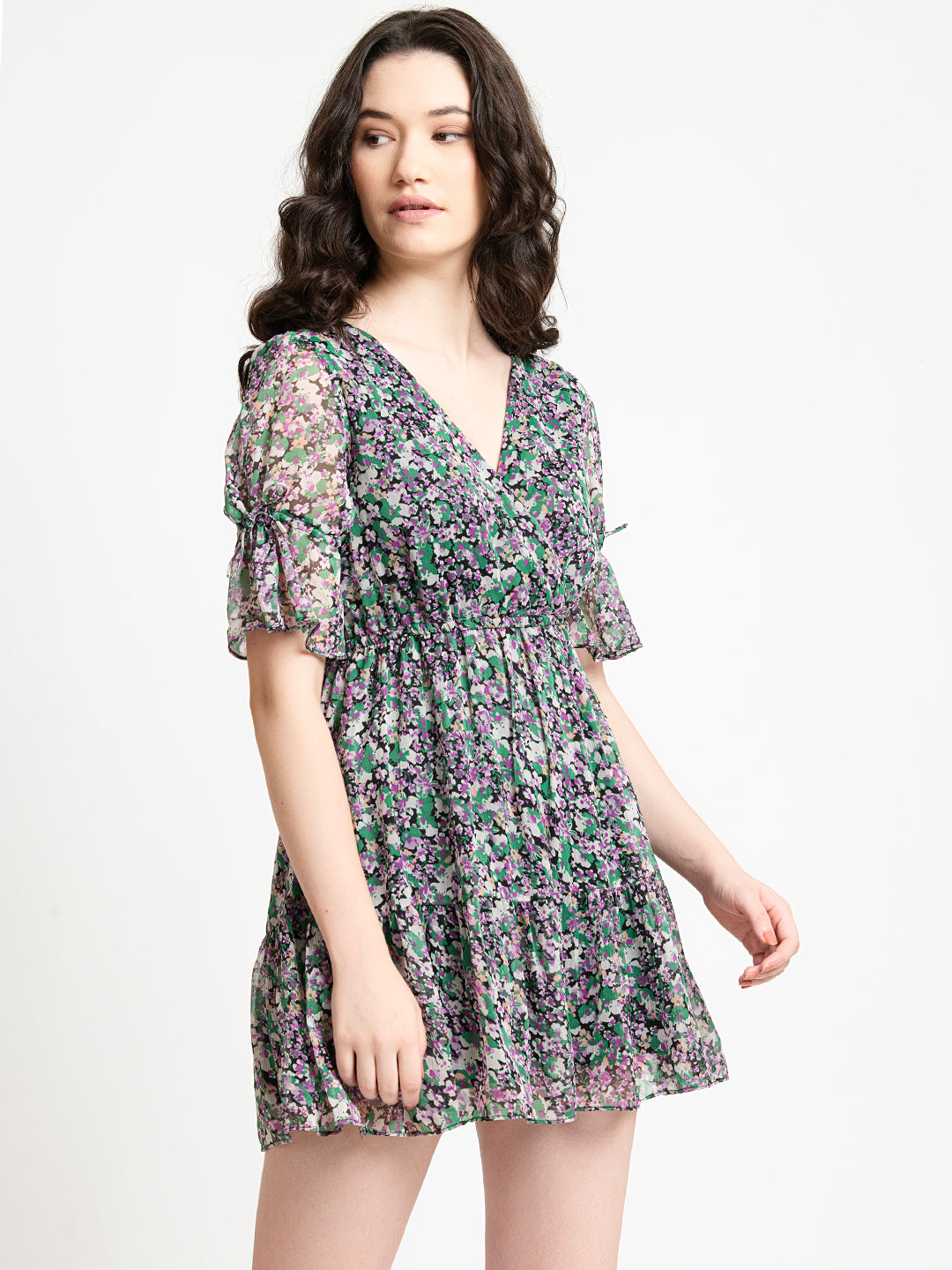 Black and Green Ditsy Floral V Neck Mini Dress Side