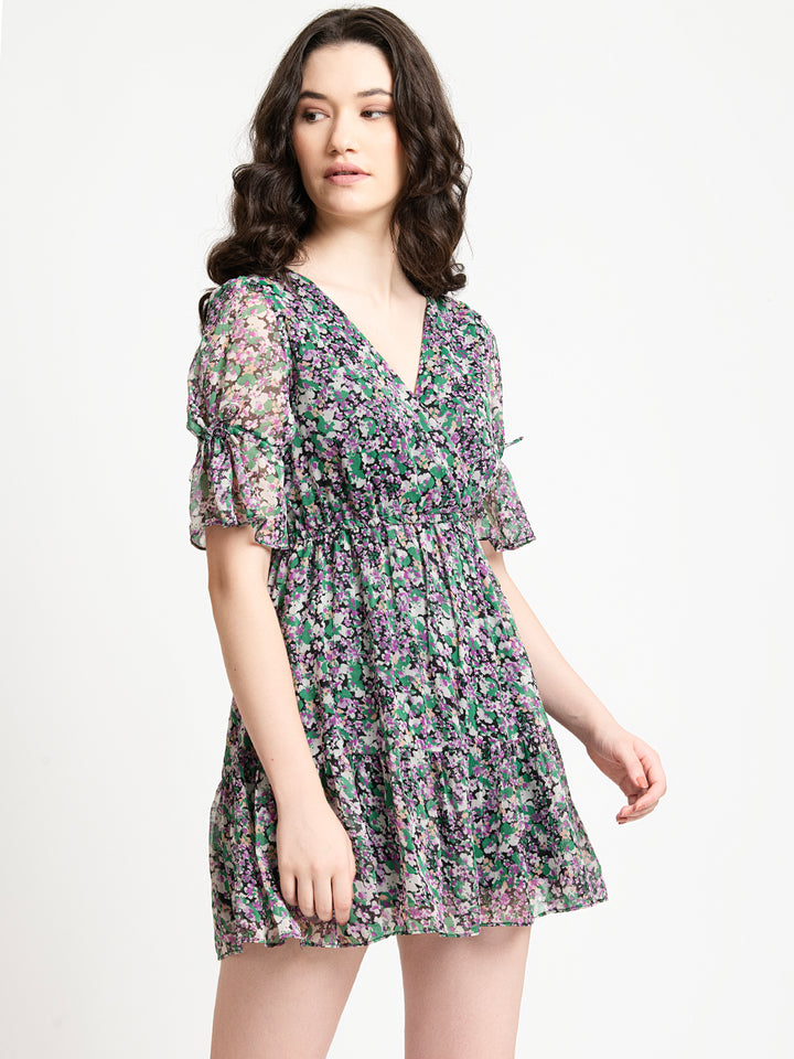 Black and Green Ditsy Floral V Neck Mini Dress Side
