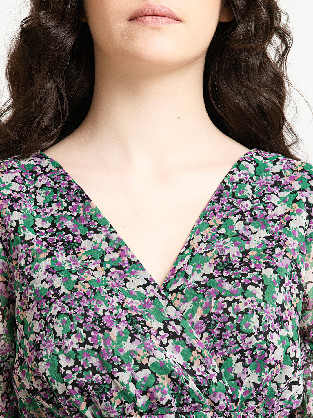 Black and Green Ditsy Floral V Neck Mini Dress Neck Detailing