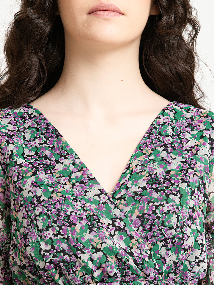 Black and Green Ditsy Floral V Neck Mini Dress Neck Detailing