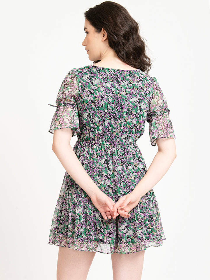 Black and Green Ditsy Floral V Neck Mini Dress Back