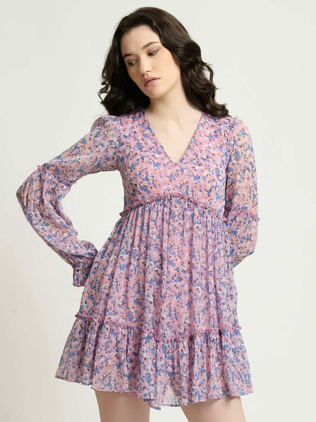 Purple Floral Skater Mini Dress Side2