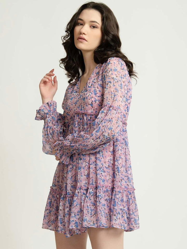 Purple Floral Skater Mini Dress Side1