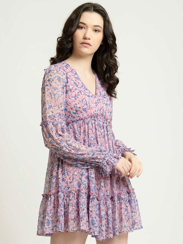 Purple Floral Skater Mini Dress Side3