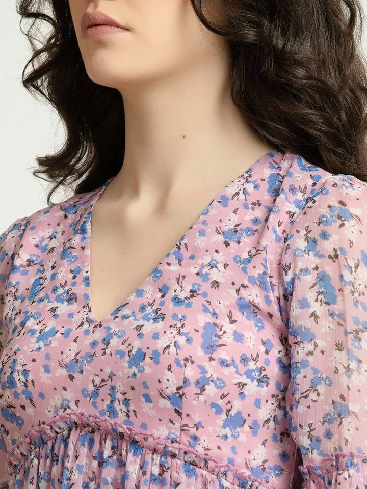 Purple Floral Skater Mini Dress Neck Detailing