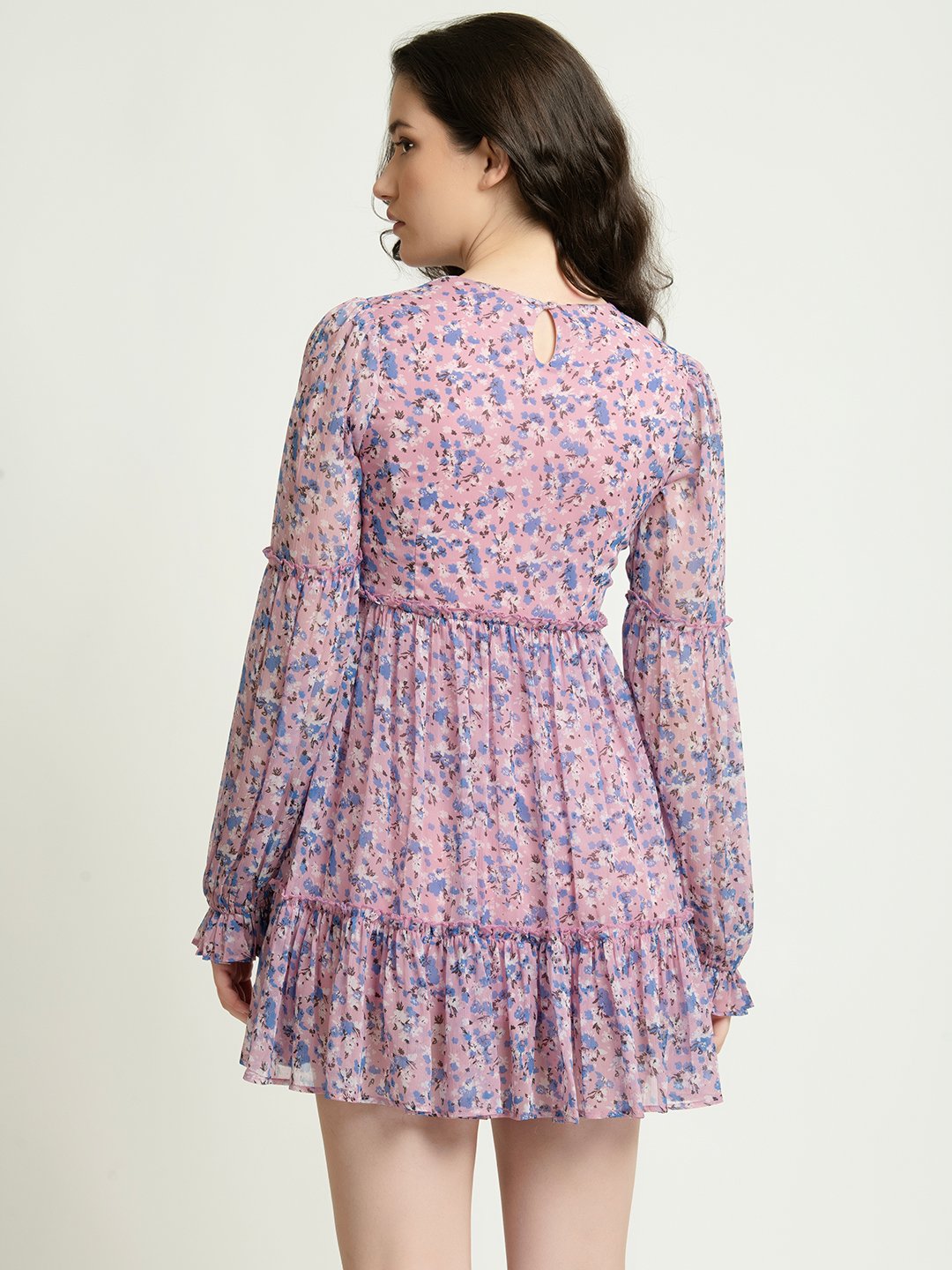 Purple Floral Skater Mini Dress Back