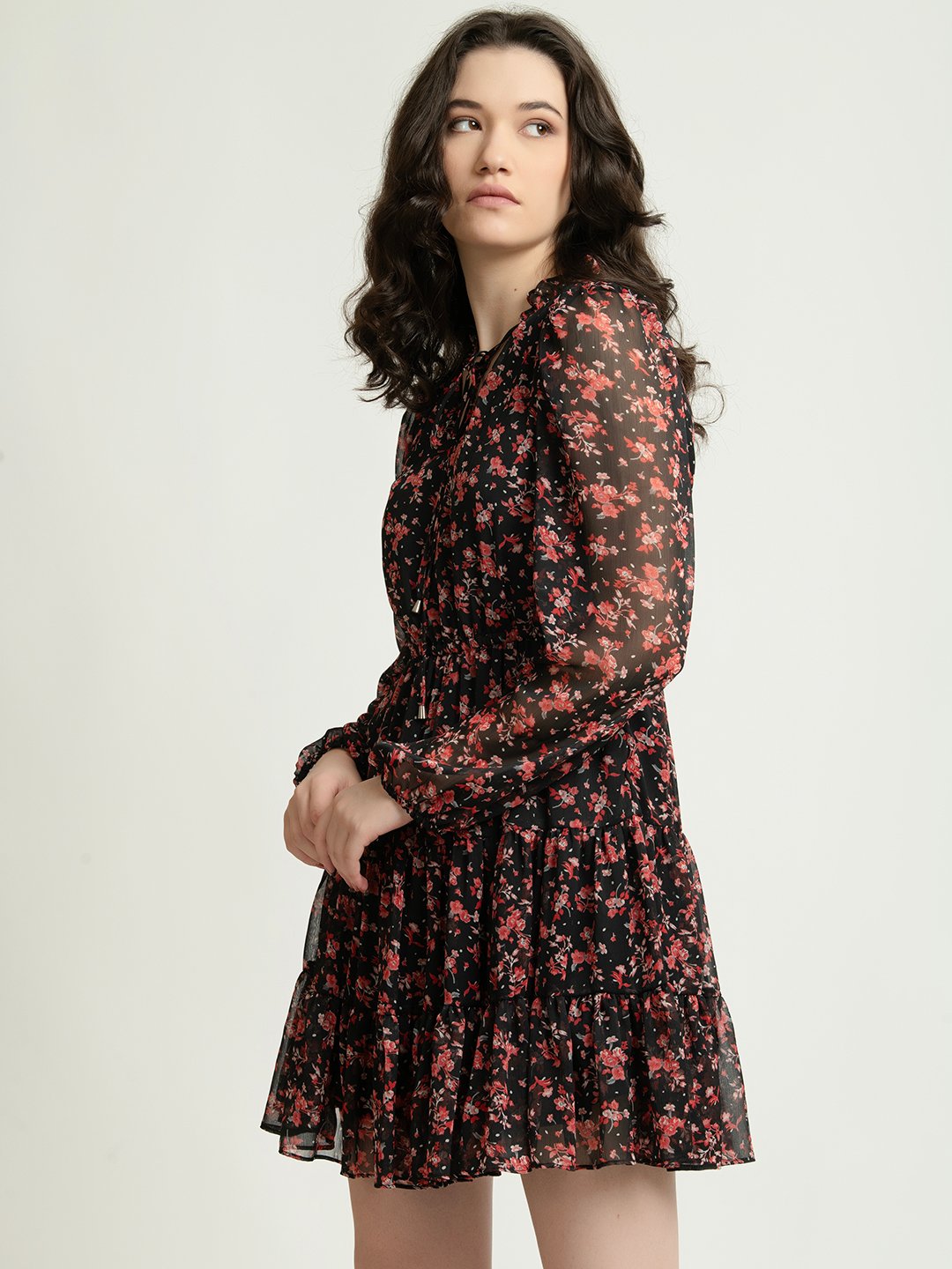 Black and Red Floral Mini Dress with Sheer Full Sleeves Side