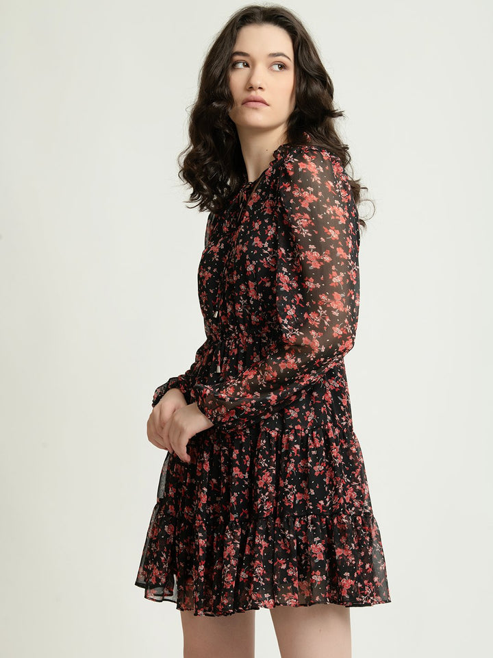 Black and Red Floral Mini Dress with Sheer Full Sleeves Side