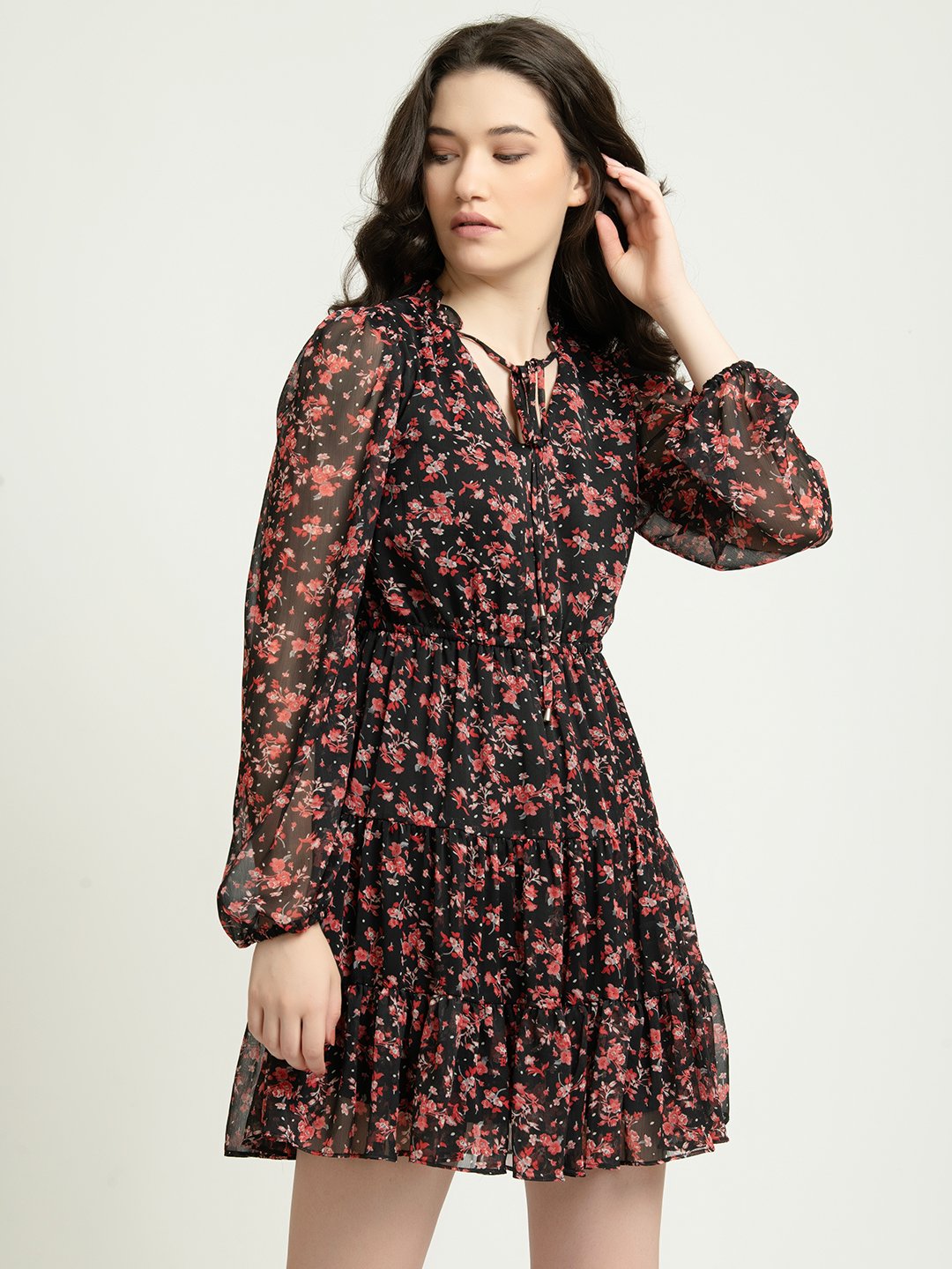 Black and Red Floral Mini Dress with Sheer Full Sleeves Side Front