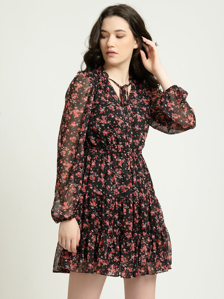 Black and Red Floral Mini Dress with Sheer Full Sleeves Side Front