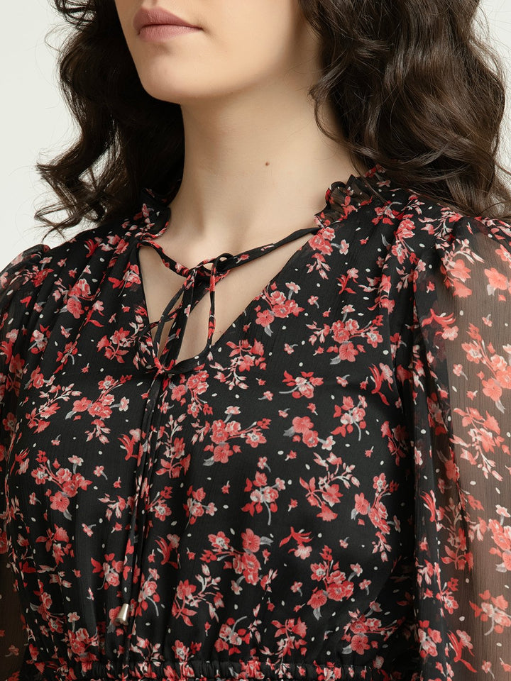 Black and Red Floral Mini Dress with Sheer Full Sleeves Neck Detailing