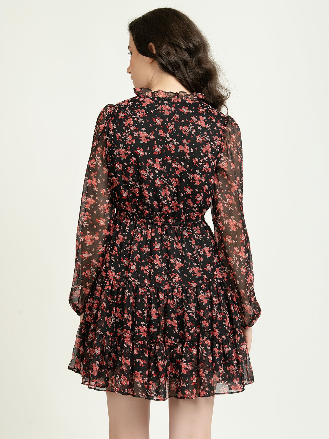 Black and Red Floral Mini Dress with Sheer Full Sleeves Back
