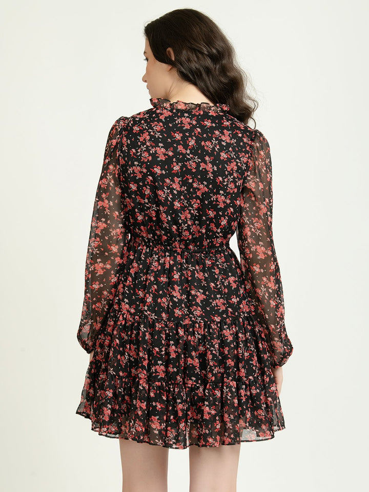 Black and Red Floral Mini Dress with Sheer Full Sleeves Back