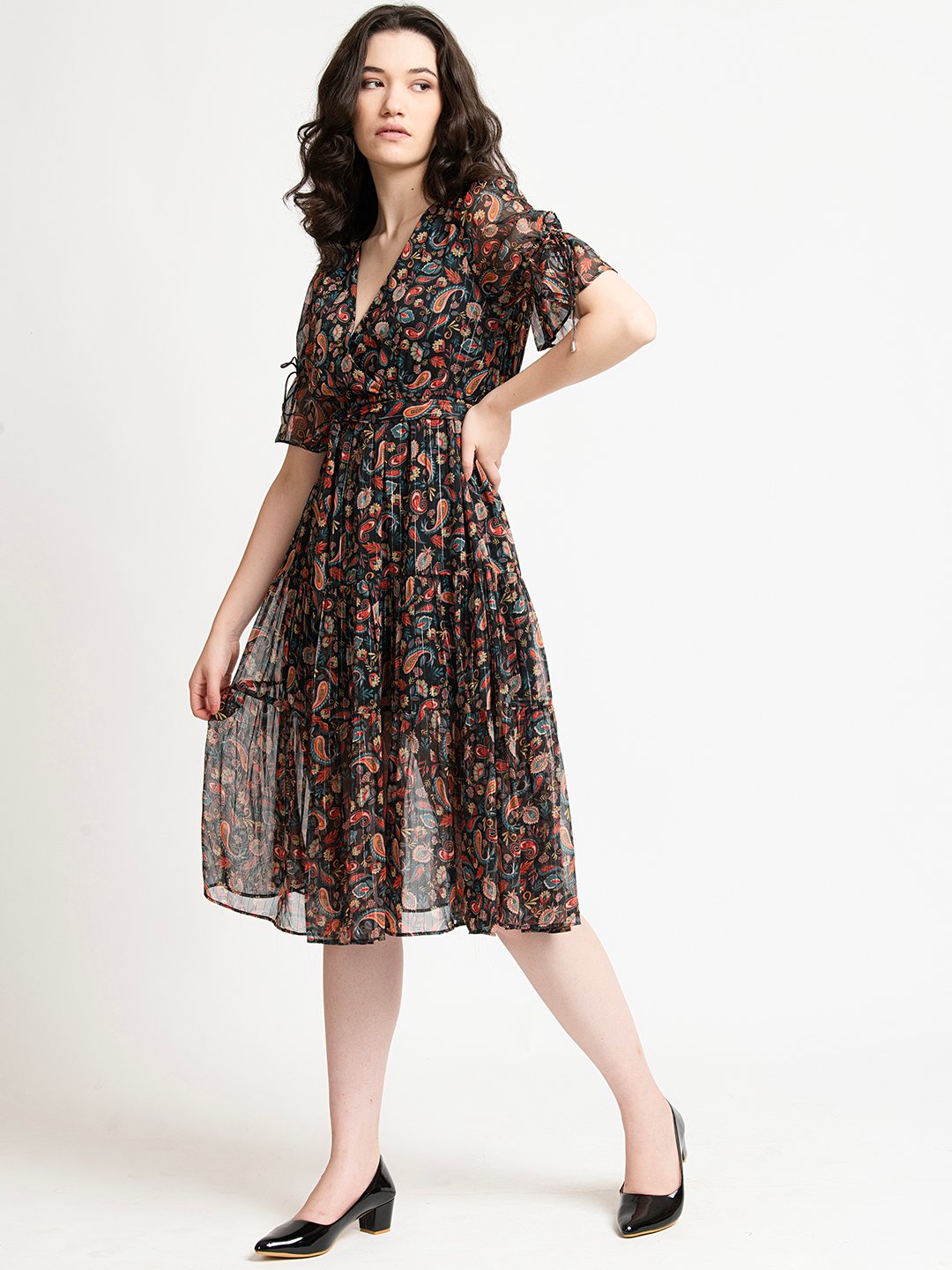 Black Floral Lurex V Neck Part Dress Side Front