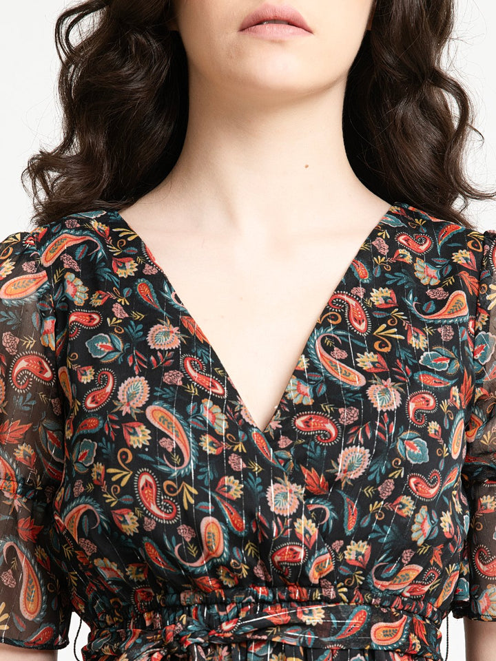 Black Floral Lurex V Neck Part Dress Front Neck