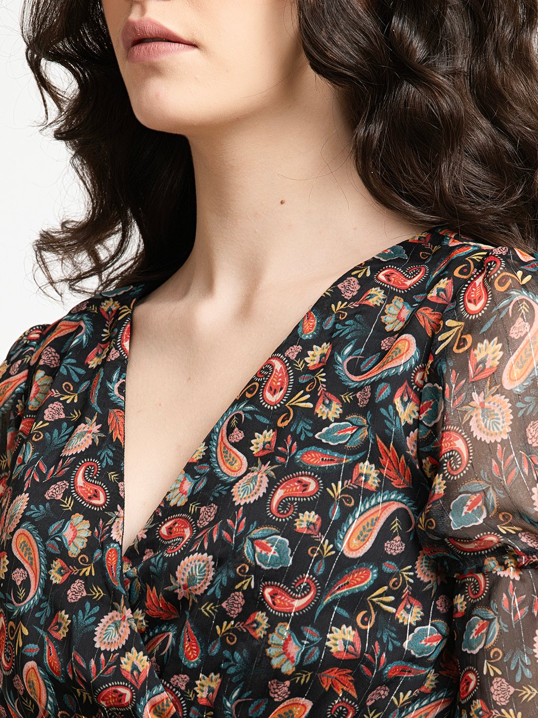 Black Floral Lurex V Neck Part Dress Neck