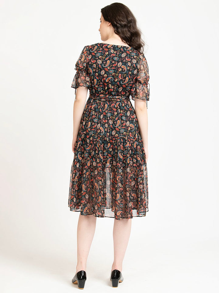 Black Floral Lurex V Neck Part Dress Back