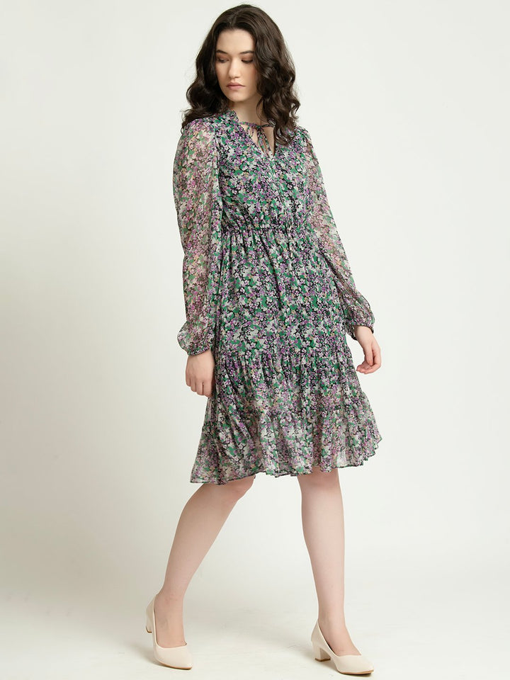 Multifloral V neck Knee Length Dress Side1