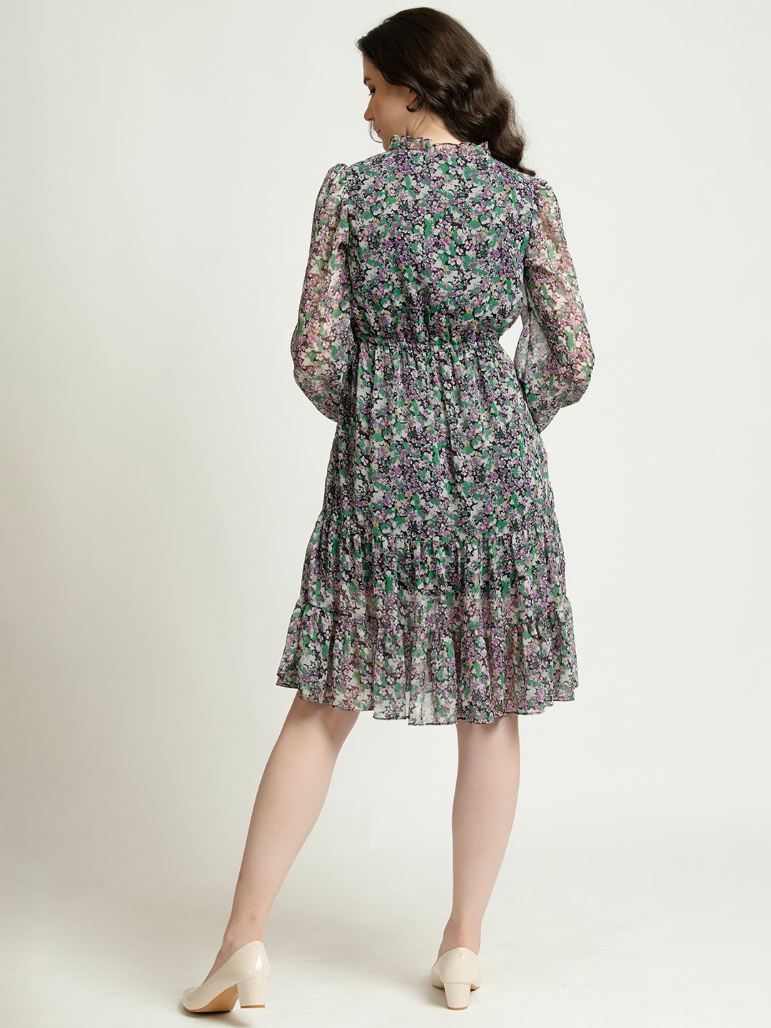 Multifloral V neck Knee Length Dress Back