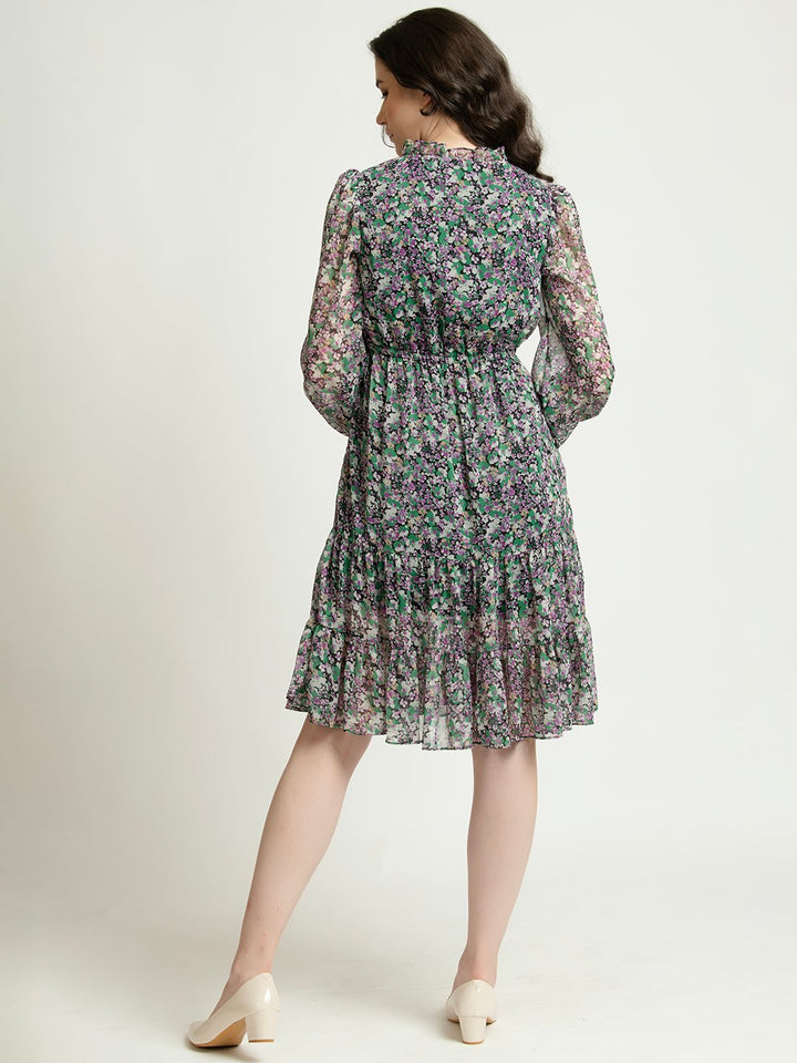 Multifloral V neck Knee Length Dress Back