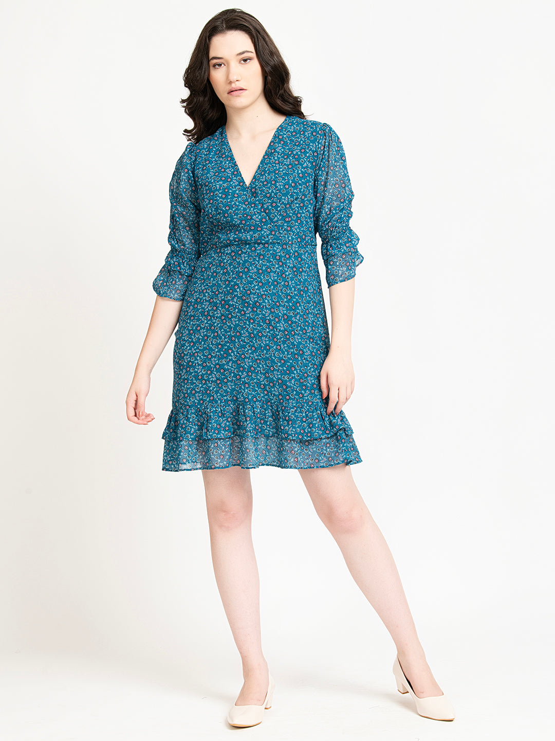 Teal Chiffon Floral V Neck Mini Dress Full Front