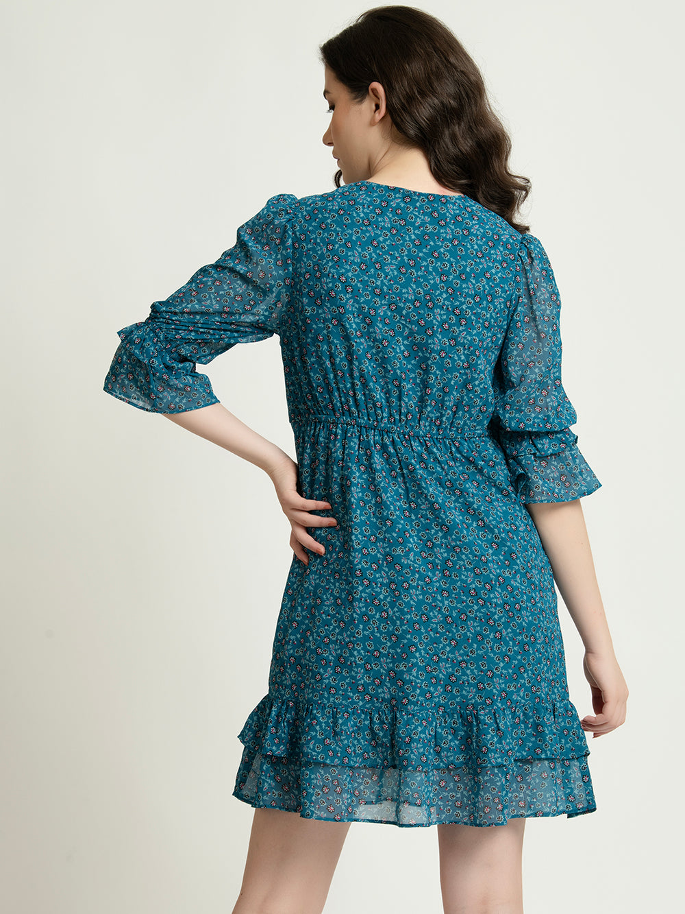 Teal Chiffon Floral V Neck Mini Dress Back