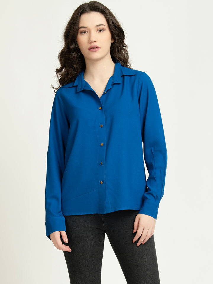 Bright Blue button down Moss Shirt with Gold Buttons Front1