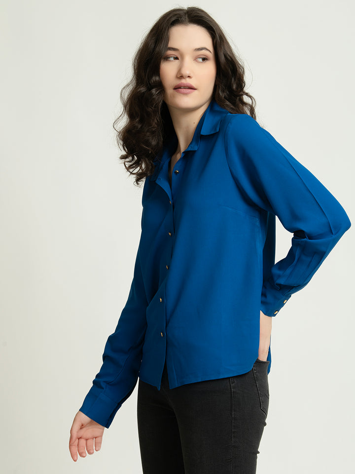 Bright Blue button down Moss Shirt with Gold Buttons Side1