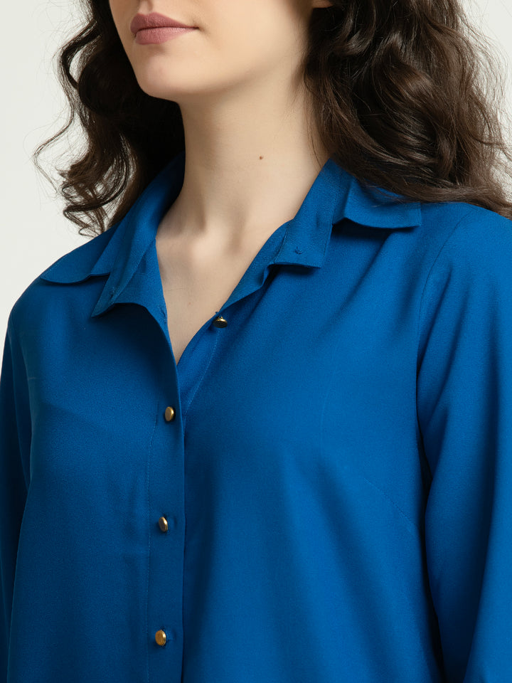 Bright Blue button down Moss Shirt with Gold Buttons Detailing
